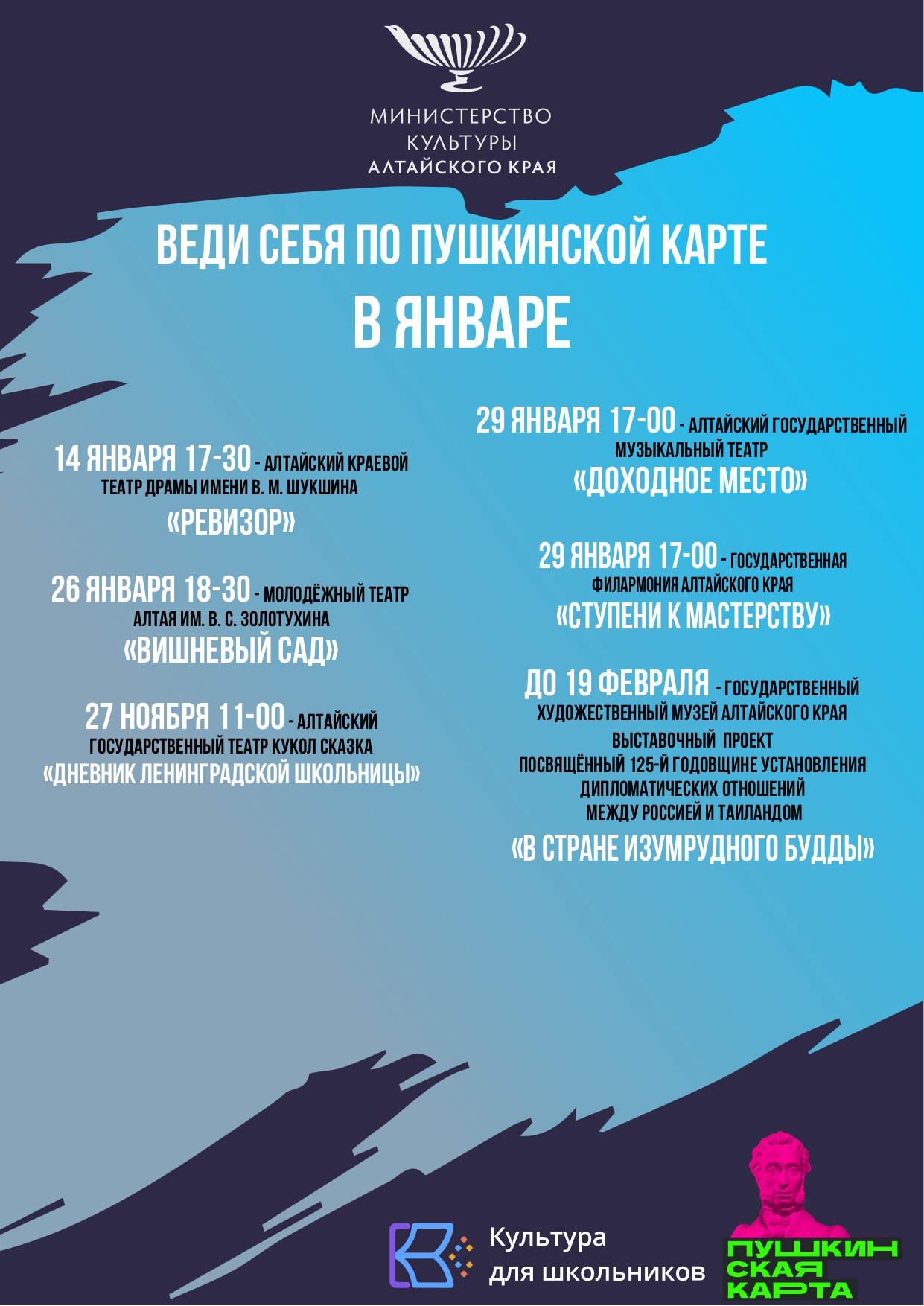 План-график мероприятий на январь-март 2023 года  по реализации межведомственного  культурно-образовательного проекта  «Культура для школьников» в Алтайском крае.